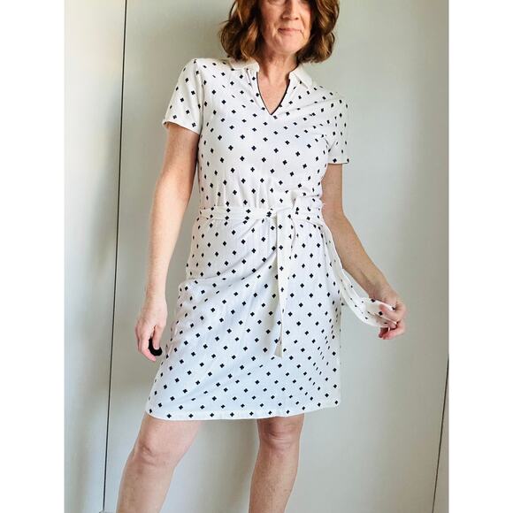 Tommy Hilfiger Womens Polo Dress Size Medium Geometric Print White Blue Preppy - Picture 1 of 11